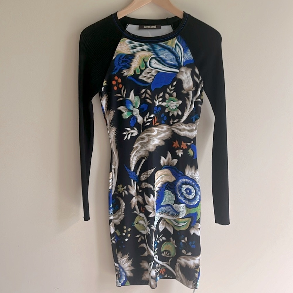 Roberto Cavalli Floral Print Knit Sleeve Bodycon Dress Sz XS